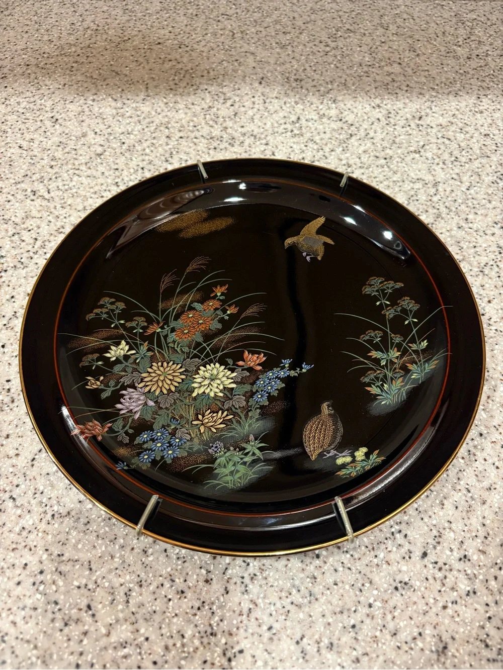 Vintage Yamaji Japan Black Floral Design Birds Porcelain Plate